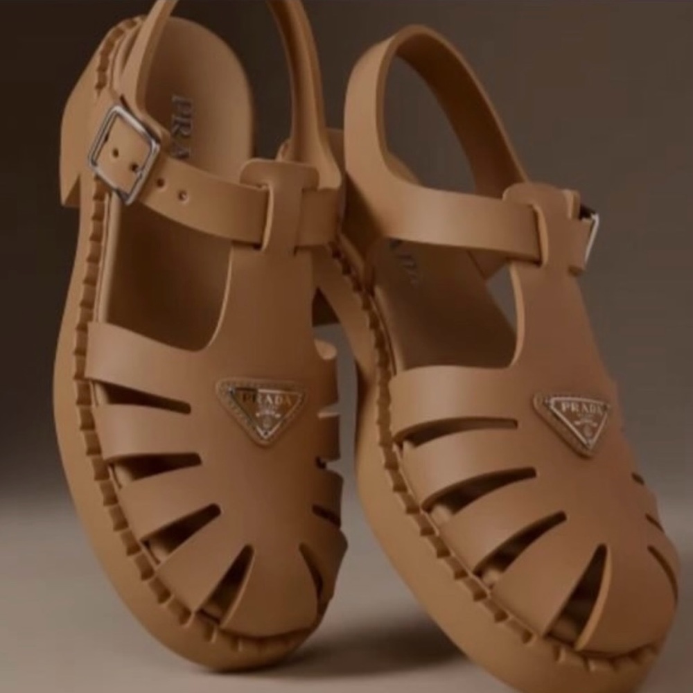 Prada soft cage vinyl sandal in tan